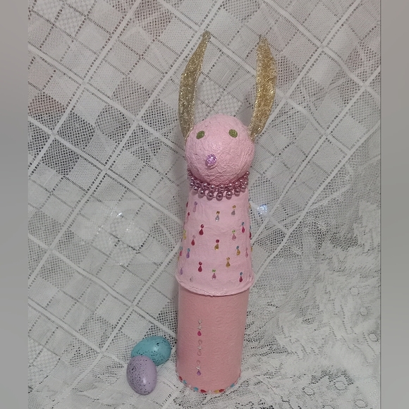 Pastel pink glam easter bunny 17" embellished nesting container OOAK paper mache - Picture 2 of 5